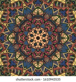 Seamless tracery tile mehndi design. Ethnic ornament, colorful doodle symmetry texture. Folk traditional spiritual tribal design. Curved doodling motif. Color art. Vector