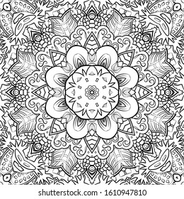 Seamless tracery tile mehndi design. Ethnic ornament, doodle symmetry texture. Folk traditional spiritual tribal design. Curved doodling motif. Binary monochrome black and white art. Vector