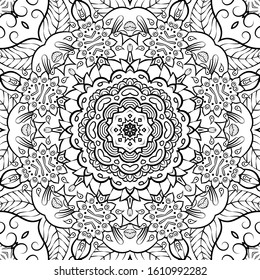 Seamless tracery tile mehndi design. Ethnic ornament, doodle symmetry texture. Folk traditional spiritual tribal design. Curved doodling motif. Binary monochrome black and white art. Vector