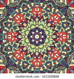 Seamless tracery tile mehndi design. Ethnic ornament, colorful doodle symmetry texture. Folk traditional spiritual tribal design. Curved doodling motif. Color art. Vector