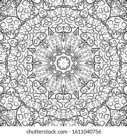 Seamless tracery tile mehndi design. Ethnic ornament, doodle symmetry texture. Folk traditional spiritual tribal design. Curved doodling motif. Binary monochrome black and white art. Vector