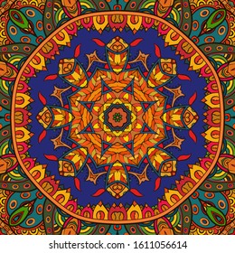 Seamless tracery tile mehndi design. Ethnic ornament, colorful doodle symmetry texture. Folk traditional spiritual tribal design. Curved doodling motif. Color art. Vector