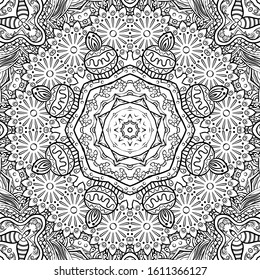 Seamless tracery tile mehndi design. Ethnic ornament, doodle symmetry texture. Folk traditional spiritual tribal design. Curved doodling motif. Binary monochrome black and white art. Vector