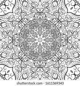 Seamless tracery tile mehndi design. Ethnic ornament, doodle symmetry texture. Folk traditional spiritual tribal design. Curved doodling motif. Binary monochrome black and white art. Vector