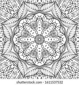 Seamless tracery tile mehndi design. Ethnic ornament, doodle symmetry texture. Folk traditional spiritual tribal design. Curved doodling motif. Binary monochrome black and white art. Vector