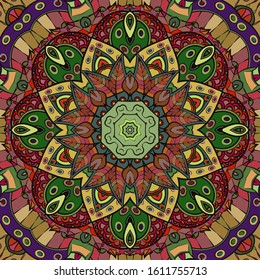 Seamless tracery tile mehndi design. Ethnic ornament, colorful doodle symmetry texture. Folk traditional spiritual tribal design. Curved doodling motif. Color art. Vector
