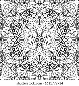 Seamless tracery tile mehndi design. Ethnic ornament, doodle symmetry texture. Folk traditional spiritual tribal design. Curved doodling motif. Binary monochrome black and white art. Vector