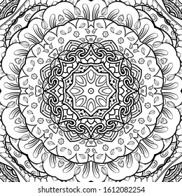 Seamless tracery tile mehndi design. Ethnic ornament, doodle symmetry texture. Folk traditional spiritual tribal design. Curved doodling motif. Binary monochrome black and white art. Vector