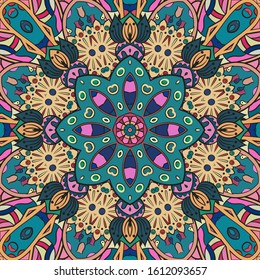 Seamless tracery tile mehndi design. Ethnic ornament, colorful doodle symmetry texture. Folk traditional spiritual tribal design. Curved doodling motif. Color art. Vector