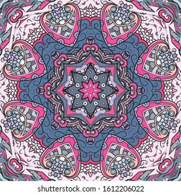 Seamless tracery tile mehndi design. Ethnic ornament, colorful doodle symmetry texture. Folk traditional spiritual tribal design. Curved doodling motif. Color art. Vector