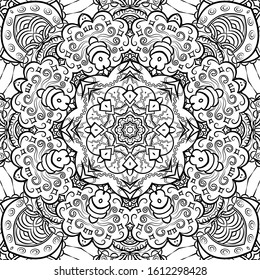Seamless tracery tile mehndi design. Ethnic ornament, doodle symmetry texture. Folk traditional spiritual tribal design. Curved doodling motif. Binary monochrome black and white art. Vector