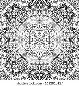 Seamless tracery tile mehndi design. Ethnic ornament, doodle symmetry texture. Folk traditional spiritual tribal design. Curved doodling motif. Binary monochrome black and white art. Vector
