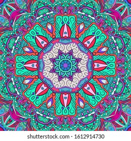 Seamless tracery tile mehndi design. Ethnic ornament, colorful doodle symmetry texture. Folk traditional spiritual tribal design. Curved doodling motif. Color art. Vector
