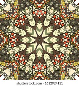 Seamless tracery tile mehndi design. Ethnic ornament, colorful doodle symmetry texture. Folk traditional spiritual tribal design. Curved doodling motif. Color art. Vector