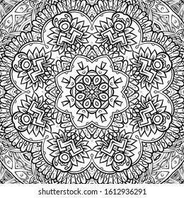Seamless tracery tile mehndi design. Ethnic ornament, doodle symmetry texture. Folk traditional spiritual tribal design. Curved doodling motif. Binary monochrome black and white art. Vector