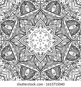 Seamless tracery tile mehndi design. Ethnic ornament, doodle symmetry texture. Folk traditional spiritual tribal design. Curved doodling motif. Binary monochrome black and white art. Vector
