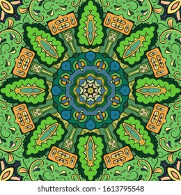 Seamless tracery tile mehndi design. Ethnic ornament, colorful doodle symmetry texture. Folk traditional spiritual tribal design. Curved doodling motif. Color art. Vector