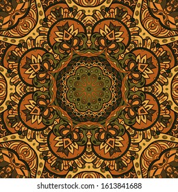 Seamless tracery tile mehndi design. Ethnic ornament, colorful doodle symmetry texture. Folk traditional spiritual tribal design. Curved doodling motif. Color art. Vector