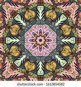 Seamless tracery tile mehndi design. Ethnic ornament, colorful doodle symmetry texture. Folk traditional spiritual tribal design. Curved doodling motif. Color art. Vector