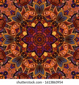 Seamless tracery tile mehndi design. Ethnic ornament, colorful doodle symmetry texture. Folk traditional spiritual tribal design. Curved doodling motif. Color art. Vector