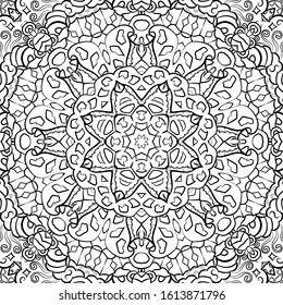 Seamless tracery tile mehndi design. Ethnic ornament, doodle symmetry texture. Folk traditional spiritual tribal design. Curved doodling motif. Binary monochrome black and white art. Vector