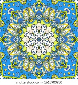 Seamless tracery tile mehndi design. Ethnic ornament, colorful doodle symmetry texture. Folk traditional spiritual tribal design. Curved doodling motif. Color art. Vector