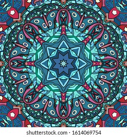 Seamless tracery tile mehndi design. Ethnic ornament, colorful doodle symmetry texture. Folk traditional spiritual tribal design. Curved doodling motif. Color art. Vector