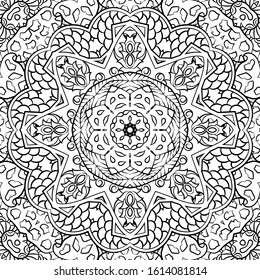Seamless tracery tile mehndi design. Ethnic ornament, doodle symmetry texture. Folk traditional spiritual tribal design. Curved doodling motif. Binary monochrome black and white art. Vector