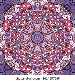 Seamless tracery tile mehndi design. Ethnic ornament, colorful doodle symmetry texture. Folk traditional spiritual tribal design. Curved doodling motif. Color art. Vector