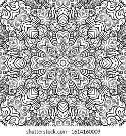 Seamless tracery tile mehndi design. Ethnic ornament, doodle symmetry texture. Folk traditional spiritual tribal design. Curved doodling motif. Binary monochrome black and white art. Vector