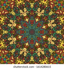 Seamless tracery tile mehndi design. Ethnic ornament, colorful doodle symmetry texture. Folk traditional spiritual tribal design. Curved doodling motif. Color art. Vector