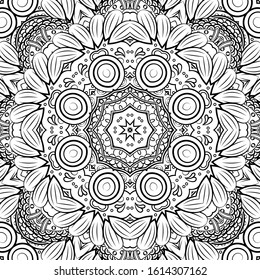 Seamless tracery tile mehndi design. Ethnic ornament, doodle symmetry texture. Folk traditional spiritual tribal design. Curved doodling motif. Binary monochrome black and white art. Vector