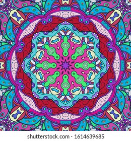 Seamless tracery tile mehndi design. Ethnic ornament, colorful doodle symmetry texture. Folk traditional spiritual tribal design. Curved doodling motif. Color art. Vector