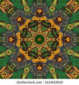 Seamless tracery tile mehndi design. Ethnic ornament, colorful doodle symmetry texture. Folk traditional spiritual tribal design. Curved doodling motif. Color art. Vector