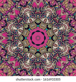 Seamless tracery tile mehndi design. Ethnic ornament, colorful doodle symmetry texture. Folk traditional spiritual tribal design. Curved doodling motif. Color art. Vector