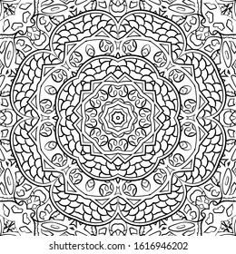 Seamless tracery tile mehndi design. Ethnic ornament, doodle symmetry texture. Folk traditional spiritual tribal design. Curved doodling motif. Binary monochrome black and white art. Vector