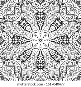Seamless tracery tile mehndi design. Ethnic ornament, doodle symmetry texture. Folk traditional spiritual tribal design. Curved doodling motif. Binary monochrome black and white art. Vector