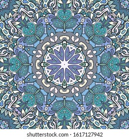Seamless tracery tile mehndi design. Ethnic ornament, colorful doodle symmetry texture. Folk traditional spiritual tribal design. Curved doodling motif. Color art. Vector