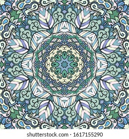 Seamless tracery tile mehndi design. Ethnic ornament, colorful doodle symmetry texture. Folk traditional spiritual tribal design. Curved doodling motif. Color art. Vector