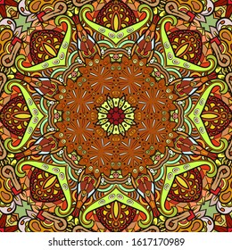 Seamless tracery tile mehndi design. Ethnic ornament, colorful doodle symmetry texture. Folk traditional spiritual tribal design. Curved doodling motif. Color art. Vector