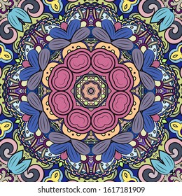 Seamless tracery tile mehndi design. Ethnic ornament, colorful doodle symmetry texture. Folk traditional spiritual tribal design. Curved doodling motif. Color art. Vector