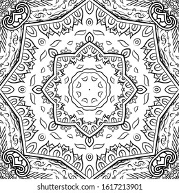 Seamless tracery tile mehndi design. Ethnic ornament, doodle symmetry texture. Folk traditional spiritual tribal design. Curved doodling motif. Binary monochrome black and white art. Vector