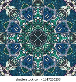 Seamless tracery tile mehndi design. Ethnic ornament, colorful doodle symmetry texture. Folk traditional spiritual tribal design. Curved doodling motif. Color art. Vector