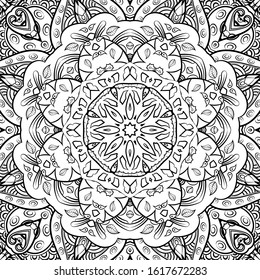 Seamless tracery tile mehndi design. Ethnic ornament, doodle symmetry texture. Folk traditional spiritual tribal design. Curved doodling motif. Binary monochrome black and white art. Vector
