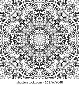 Seamless tracery tile mehndi design. Ethnic ornament, doodle symmetry texture. Folk traditional spiritual tribal design. Curved doodling motif. Binary monochrome black and white art. Vector