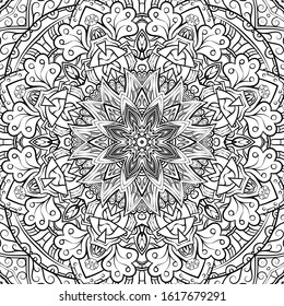 Seamless tracery tile mehndi design. Ethnic ornament, doodle symmetry texture. Folk traditional spiritual tribal design. Curved doodling motif. Binary monochrome black and white art. Vector
