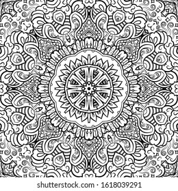 Seamless tracery tile mehndi design. Ethnic ornament, doodle symmetry texture. Folk traditional spiritual tribal design. Curved doodling motif. Binary monochrome black and white art. Vector
