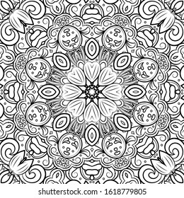 Seamless tracery tile mehndi design. Ethnic ornament, doodle symmetry texture. Folk traditional spiritual tribal design. Curved doodling motif. Binary monochrome black and white art. Vector