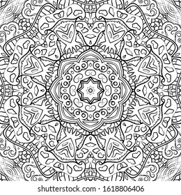 Seamless tracery tile mehndi design. Ethnic ornament, doodle symmetry texture. Folk traditional spiritual tribal design. Curved doodling motif. Binary monochrome black and white art. Vector