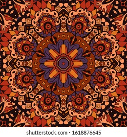 Seamless tracery tile mehndi design. Ethnic ornament, colorful doodle symmetry texture. Folk traditional spiritual tribal design. Curved doodling motif. Color art. Vector